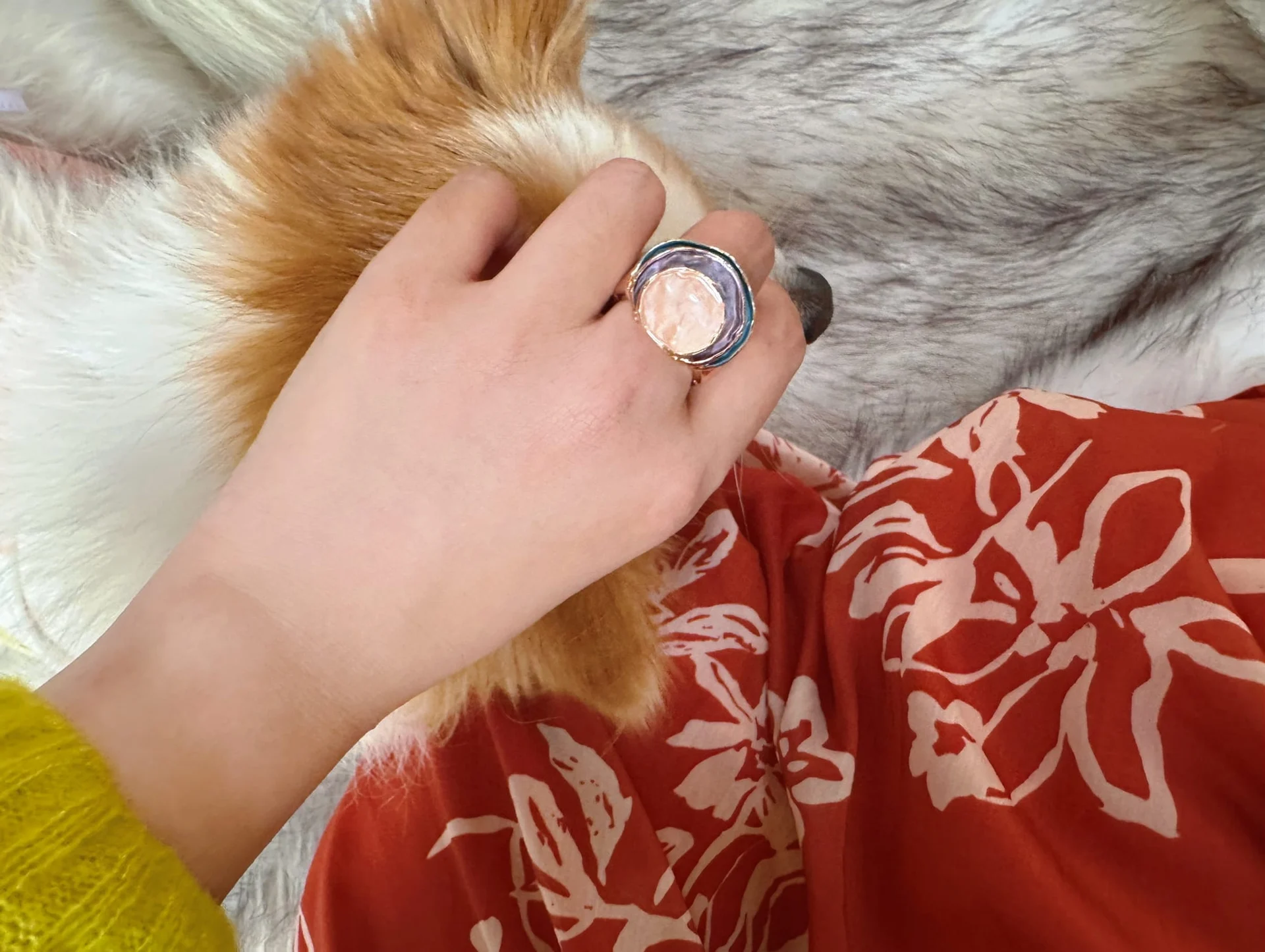 Hand wearing the peach enamel oval ring, resting on a white fur throw and an orange-and-white dog, with a red-orange floral print and a yellow-green sweater.
