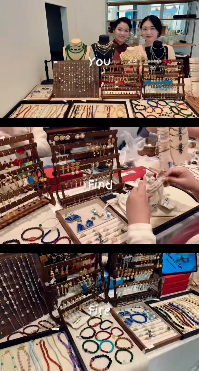 Three-panel video still showing people behind the jewellery table, hands at the display and trays of jewellery in Paris.